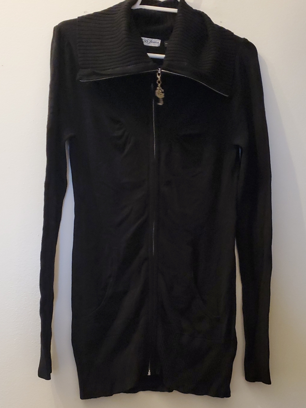 Guess Black Zip-Front Ribbed Collar Cardigan Hoodie